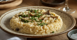 Dimljena veganska rižota s šparglji in gobami